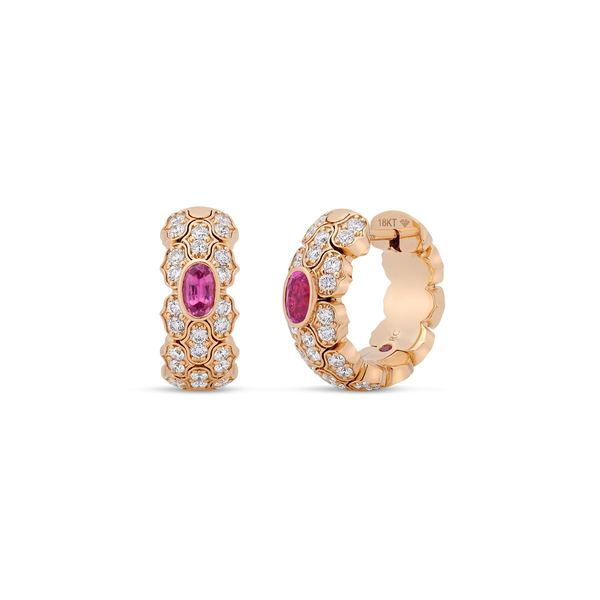 18K ROSE GOLD COBRA NARROW PAVE DIAMOND AND RUBELLITE HOOP EARRINGS Carats Mcallen, TX