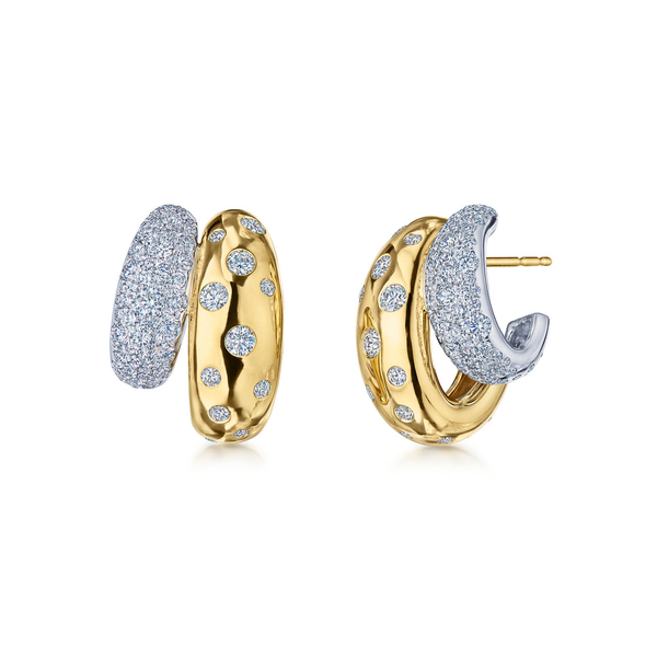COBBLESTONE DOUBLE HUGGIE EARROINGS WITH DIAMONDS IN 18K YELLOW AND WHITE GOLD Carats Mcallen, TX