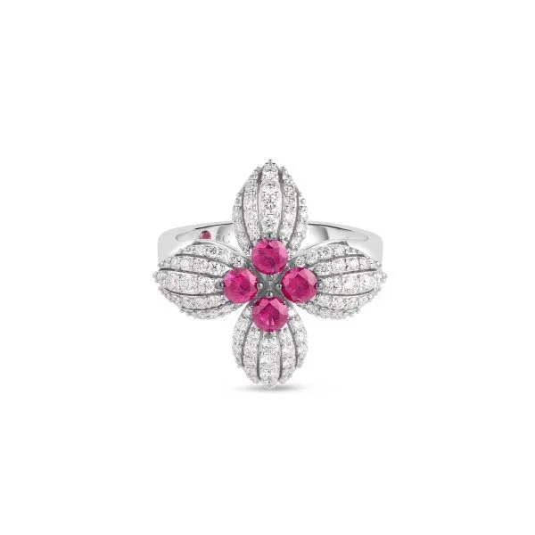 18K WHITE GOLD LOVE IN VERONA DIAMOND AND RUBY FLOWER RING Image 2 Carats Mcallen, TX