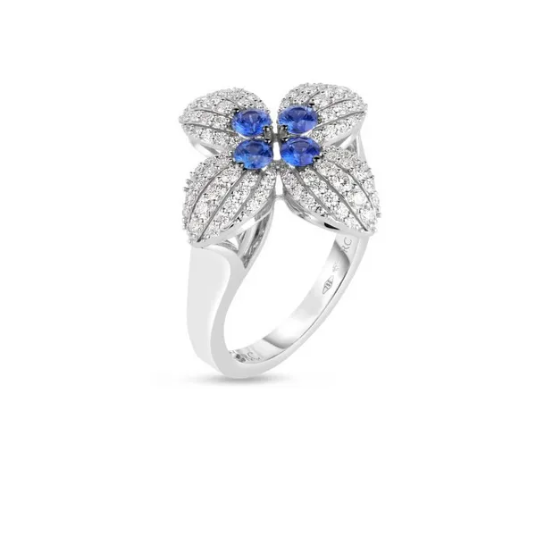 ROBERTO COIN 18K WHITE GOLD LOVE IN VERONA DIAMOND AND BLUE SAPPHIRE FLOWER RING Image 2 Carats Mcallen, TX