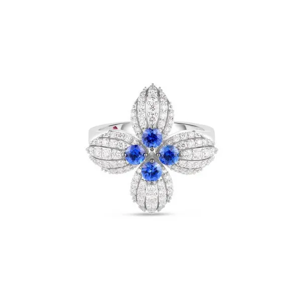 ROBERTO COIN 18K WHITE GOLD LOVE IN VERONA DIAMOND AND BLUE SAPPHIRE FLOWER RING Carats Mcallen, TX