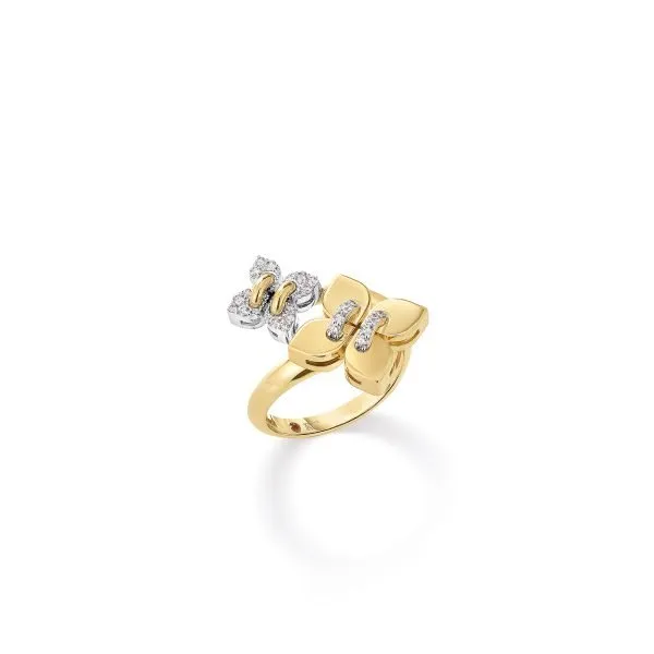 ROBERTO COIN 18K YELLOW/WHITE GOLD LOVE IN VERONA PAVE DIAMOND AND POLISHED FINISH DOUBLE FLOWER RING Image 2 Carats Mcallen, TX