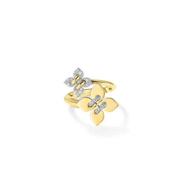 ROBERTO COIN 18K YELLOW/WHITE GOLD LOVE IN VERONA PAVE DIAMOND AND POLISHED FINISH DOUBLE FLOWER RING Carats Mcallen, TX