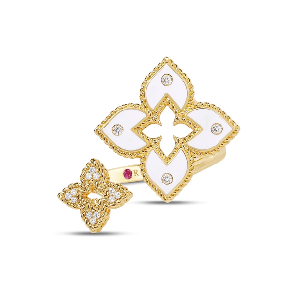 18K YELLOW GOLD VENETIAN PRINCESS DIAMOND AND WHITE ENAMEL DOUBLE FLOWER BYPASS RING Carats Mcallen, TX