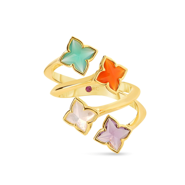 18K YELLOW GOLD VENETIAN PRINCESS CARNIVAL MIXED STONES (AMETHYST, GREEN AGATE, MOTHER OF PEARL, & RED AGATE) 4 ROW FLOWER RING Carats Mcallen, TX