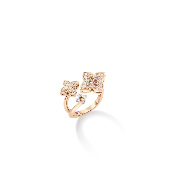 18K ROSE GOLD VENETIAN PRINCESS CARNIVAL PAVÉ DIAMOND AND MIXED STONES SMALL TRIPLE FLOWER RING Carats Mcallen, TX