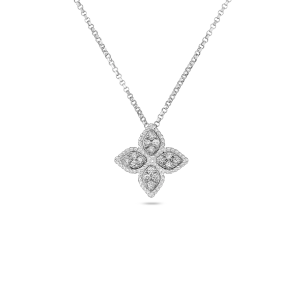 18K WHITE GOLD PRINCESS FLOWER MEDIUM DIAMOND NECKLACE Carats Mcallen, TX