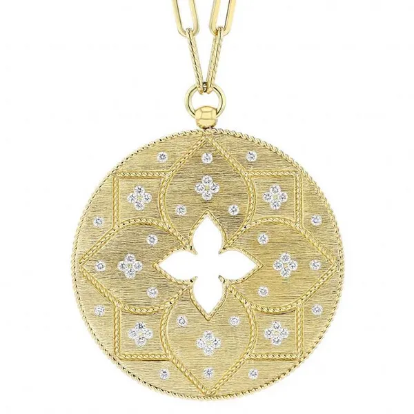 Venetian Princess Satin Yellow Gold Disc Pendant with Diamonds & Paperclip Chain, 32