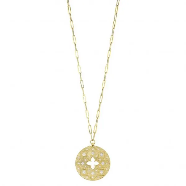 Venetian Princess Satin Yellow Gold Disc Pendant with Diamonds & Paperclip Chain, 32