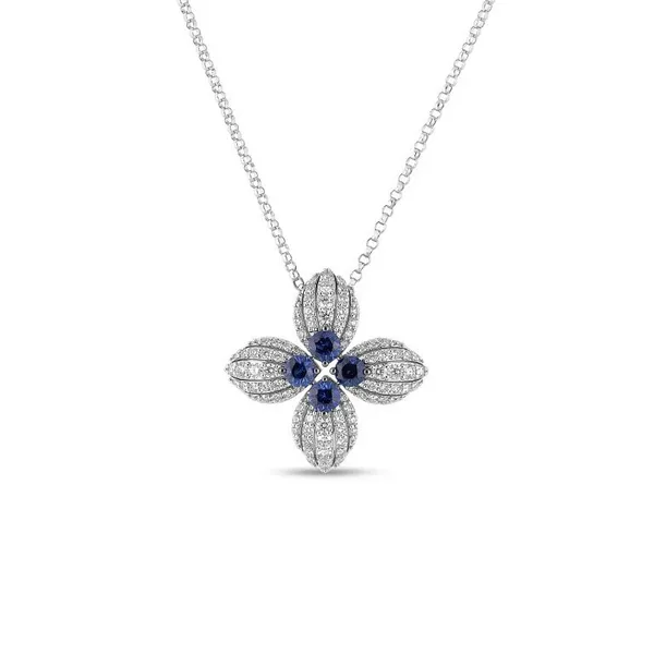 Roberto Coin NecklaceGOLD LOVE IN VERONA DIAMOND AND BLUE SAPPHIRE FLOWER NECKLACE Carats Mcallen, TX
