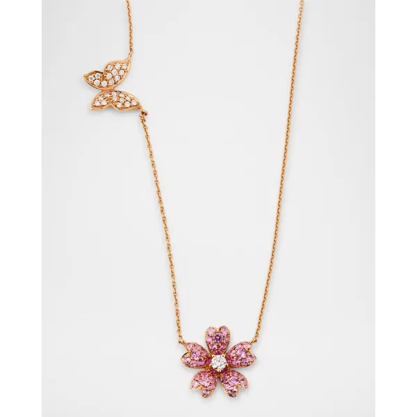 Rainbow 18K Rose Gold Pink Sapphire and Diamond Flower Butterfly Necklace Carats Mcallen, TX