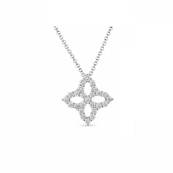 18K WHITE GOLD PRINCESS FLOWER DIAMOND OUTLINE MEDIUM NECKLACE Carats Mcallen, TX