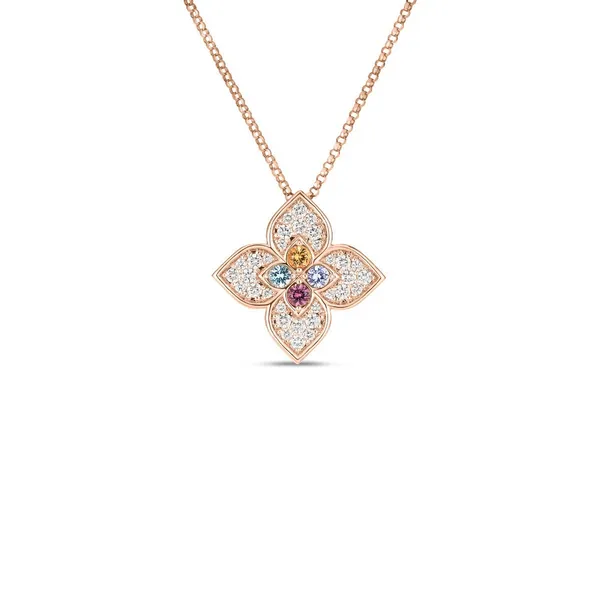 ROBERTO COIN 18 KT ROSE GOLD VENETIAN PRINCES CARNIVAL PAVE DIAMOND & MIXED STONES SMALL FLOWER NECKLACE Carats Mcallen, TX