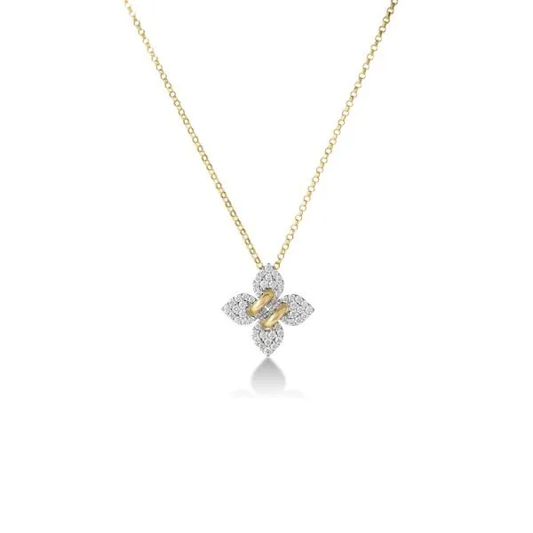 ROBERTO COIN 18K YELLOW/WHITE GOLD LOVE IN VERONA SMALL PAVE DIAMOND FLOWER NECKLACE Carats Mcallen, TX