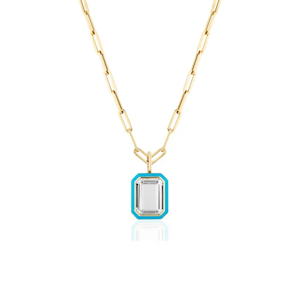 QUEEN ROCK CRYSTAL EMERALD CUT PENDANT WITH TURQUOISE ENAMEL IN 18K YELLOW GOLD Carats Mcallen, TX