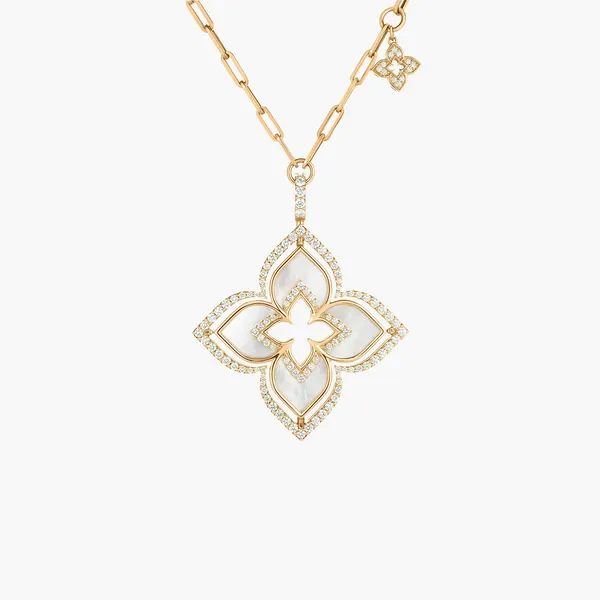 Venetian Princess Mother of Pearl and Diamond Flower Pendant Necklace in 18K Yellow Gold Carats Mcallen, TX