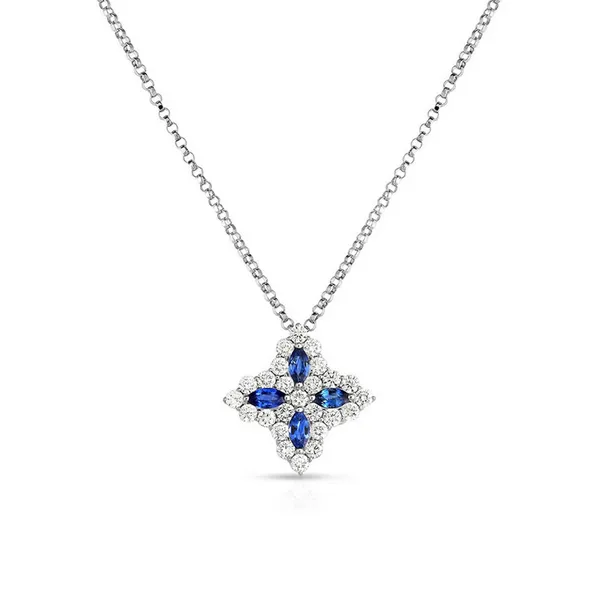 18K WHITE GOLD PRINCESS FLOWER DIAMOND & BLUE SAPPHIRE NECKLACE Carats Mcallen, TX