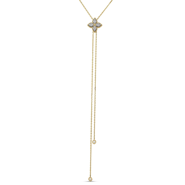 18K YELLOW/WHITE GOLD PRINCESS FLOWER PAVE DIAMOND LARIAT NECKLACE Carats Mcallen, TX