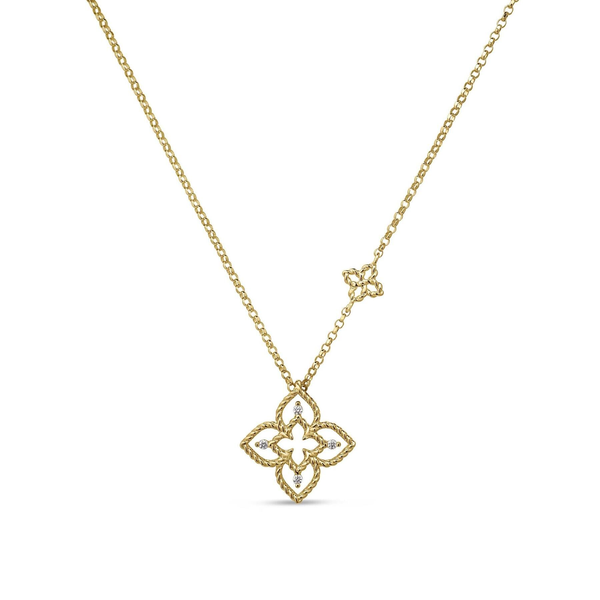 18K YELLOW GOLD PRINCESS FLOWER PETITE OPEN FRAME DIAMOND NECKLACE Carats Mcallen, TX