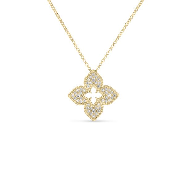ROBERTO COIN 18K YELLOW GOLD VENETIAN PRINCESS PAVE FLOWER NECKLACE Carats Mcallen, TX