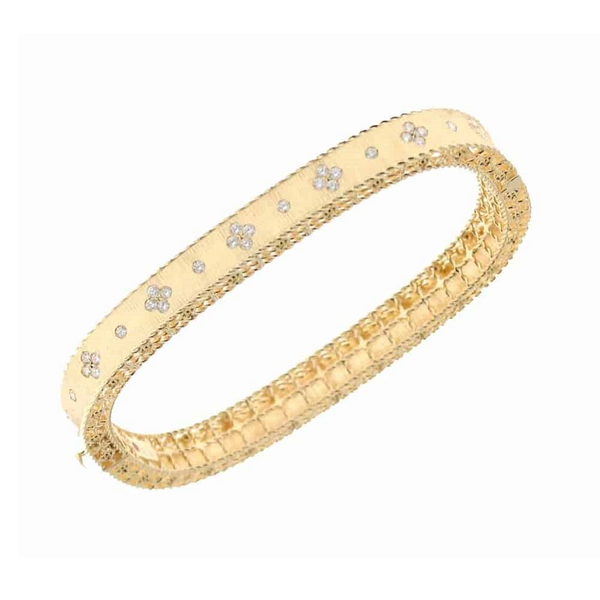 18K GOLD PRINCESS SATIN FLEUR DE LIS DIAMOND SLIM BANGLE Carats Mcallen, TX