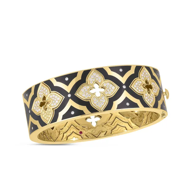 ROBERTO COIN 18KT YELLOW GOLD DIAMOND BLACK ENAMEL VENETIAN PRINCESS BANGLE Carats Mcallen, TX