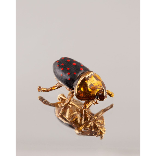 INSECTARIUM - MALE SCARAB BROOCH IN BRASS w/24k yg overlay w/Dark Grey enamel & Red Polka Dots Carats Mcallen, TX