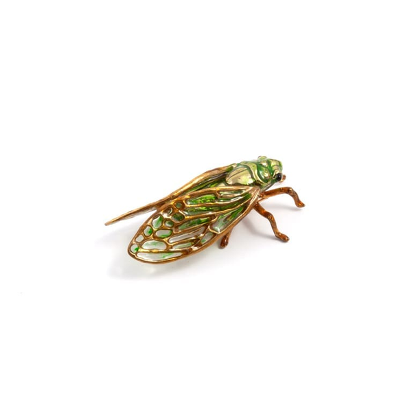 CICADA BROOCH (L) IN BRASS W/24K YG OVERLAY & GREEN ENAMEL Carats Mcallen, TX