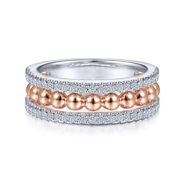 14K White-Rose Gold Three Row Diamond and Bujukan Bead Center Ring Carroll / Ochs Jewelers Monroe, MI