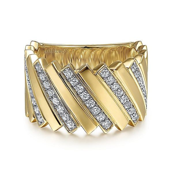 14K Yellow Gold Wide Alternating Diamond and Plain Strand Ring Carroll / Ochs Jewelers Monroe, MI