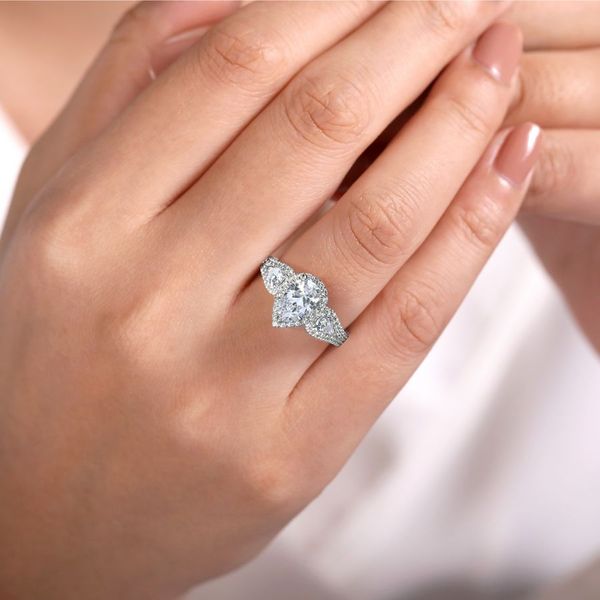 14K White Gold Pear Shape Three Stone Halo Diamond Engagement Ring Image 4 Carroll / Ochs Jewelers Monroe, MI