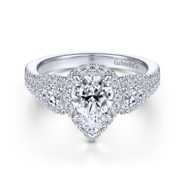 14K White Gold Pear Shape Three Stone Halo Diamond Engagement Ring Carroll / Ochs Jewelers Monroe, MI