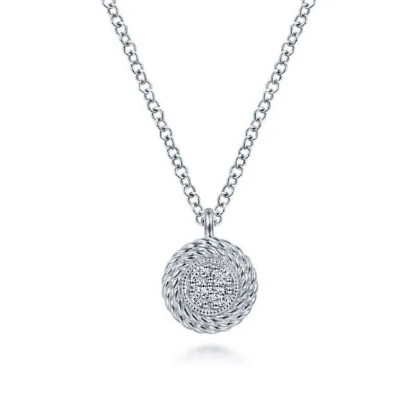 14K White Gold Round Diamond Pave Cluster Pendant Necklace with Twisted Rope Frame Carroll / Ochs Jewelers Monroe, MI