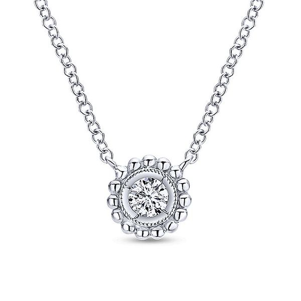 14K White Gold Beaded Round Bezel Set Diamond Pendant Necklace Carroll / Ochs Jewelers Monroe, MI