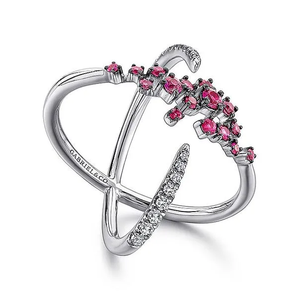 14K White Gold Modern Scattered Ruby and Diamond Open Ring Image 2 Carroll / Ochs Jewelers Monroe, MI