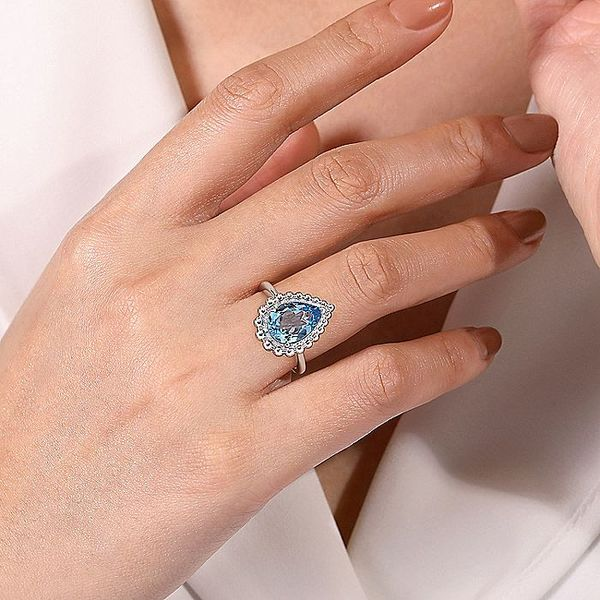 925 Sterling Silver Swiss Blue Topaz Bujukan Pear Shape Ring With Pattern Image 2 Carroll / Ochs Jewelers Monroe, MI