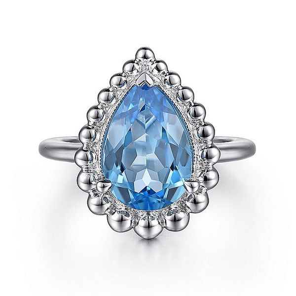925 Sterling Silver Swiss Blue Topaz Bujukan Pear Shape Ring With Pattern Carroll / Ochs Jewelers Monroe, MI