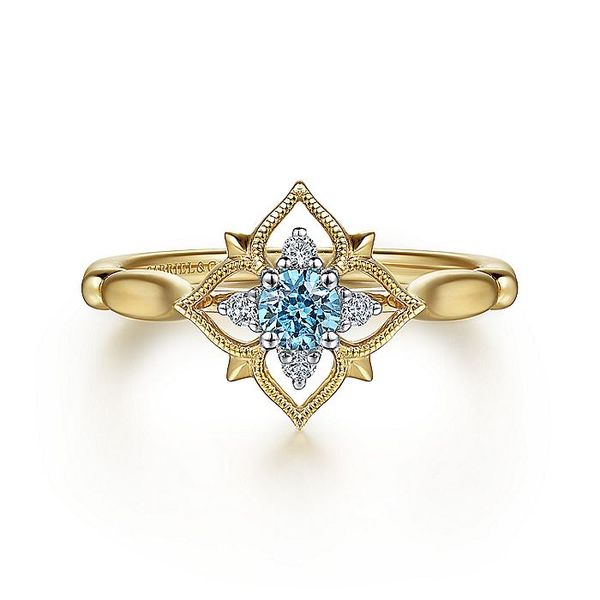 14K Yellow Gold Swiss Blue Topaz and Diamond Floral Ring Carroll / Ochs Jewelers Monroe, MI