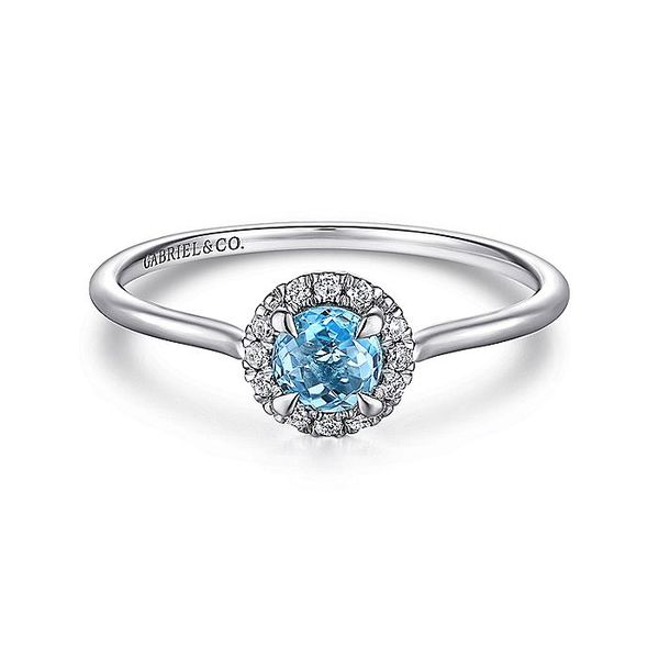 14K White Gold Blue Topaz and Diamond Halo Promise Ring Carroll / Ochs Jewelers Monroe, MI