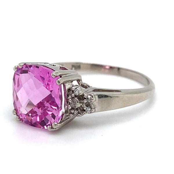 10K White Gold Ring with Created Pink Sapphire and Diamonds Image 2 Carroll / Ochs Jewelers Monroe, MI