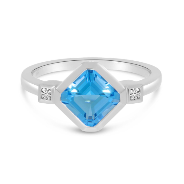 14K White Gold Princess Blue Topaz Diamond Bezel Ring Carroll / Ochs Jewelers Monroe, MI