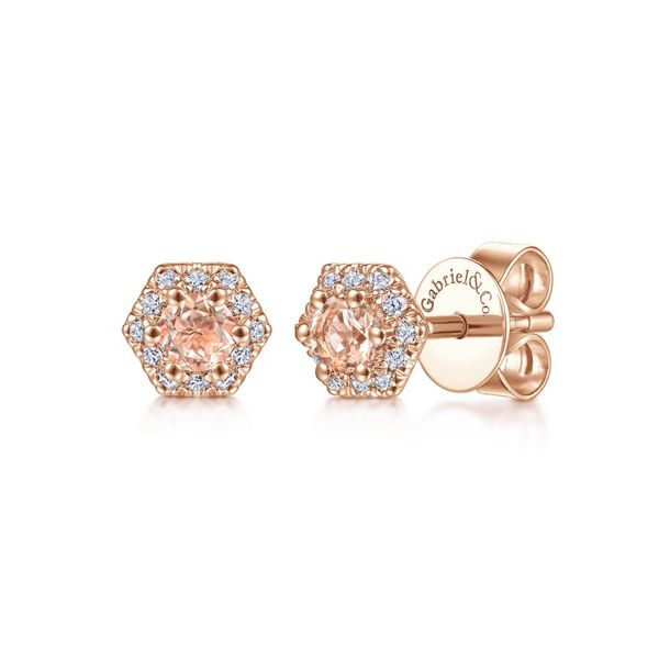 14K Rose Gold Hexagonal Morganite and Diamond Stud Earrings Carroll / Ochs Jewelers Monroe, MI