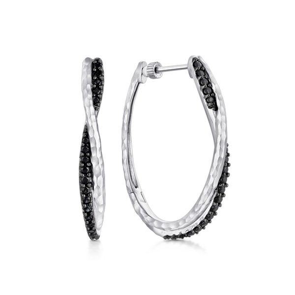 925 Sterling Silver Hammered Twisted 35mm Black Spinel Hoop Earrings Carroll / Ochs Jewelers Monroe, MI