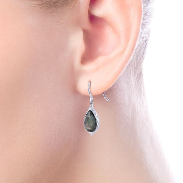 925 Sterling Silver Hammered Pear Shaped Rock Crystal/Black MOP Drop Earrings Image 2 Carroll / Ochs Jewelers Monroe, MI
