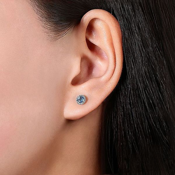 14K White Gold Round Cut Diamond Halo & Swiss Blue Topaz Stud Earrings Image 2 Carroll / Ochs Jewelers Monroe, MI