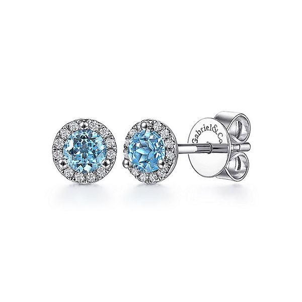 14K White Gold Round Cut Diamond Halo & Swiss Blue Topaz Stud Earrings Carroll / Ochs Jewelers Monroe, MI