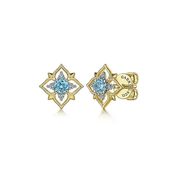 14K Yellow Gold Floral Swiss Blue Topaz and Diamond Stud Earrings Carroll / Ochs Jewelers Monroe, MI