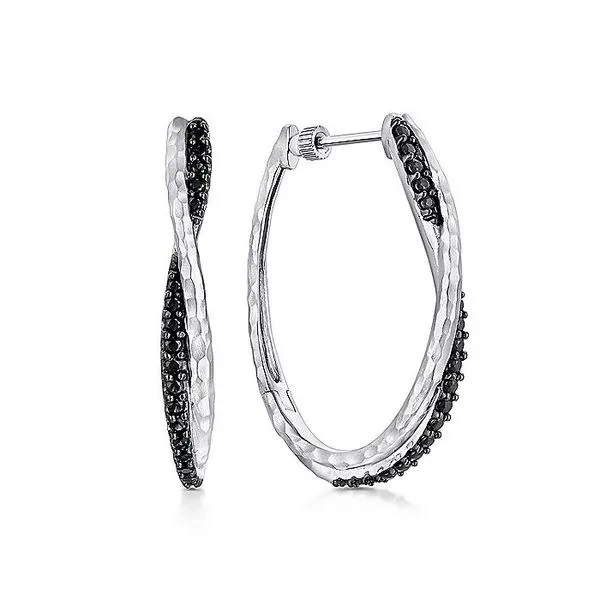 925 Sterling Silver Hammered Twisted 35mm Black Spinel Hoop Earrings Carroll / Ochs Jewelers Monroe, MI