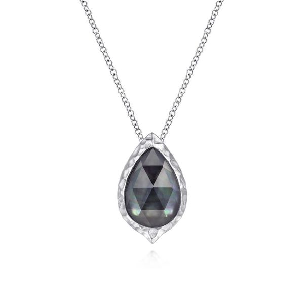 925 Sterling Silver Hammered Pear Shaped Rock Crystal / Black Mother of Pearl Pendant Necklace Carroll / Ochs Jewelers Monroe, MI