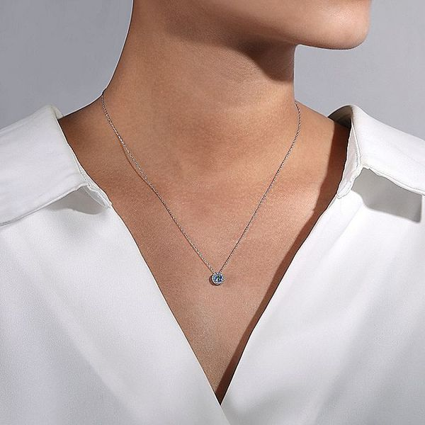 18 inch 14K White Gold Round Swiss Blue Topaz and Diamond Halo Necklace Image 2 Carroll / Ochs Jewelers Monroe, MI